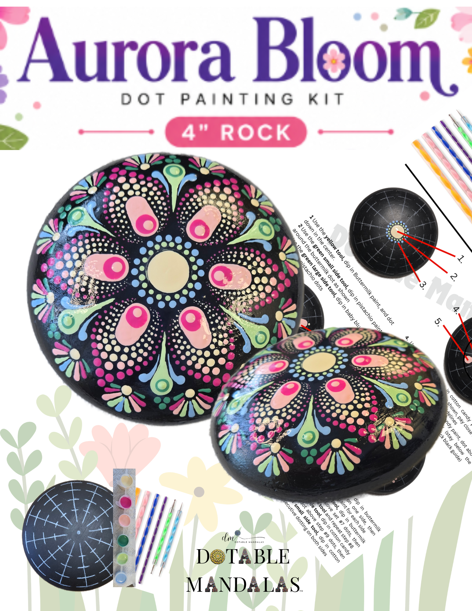 Aurora Bloom 4" Rock Dot-Painting Pattern Kit