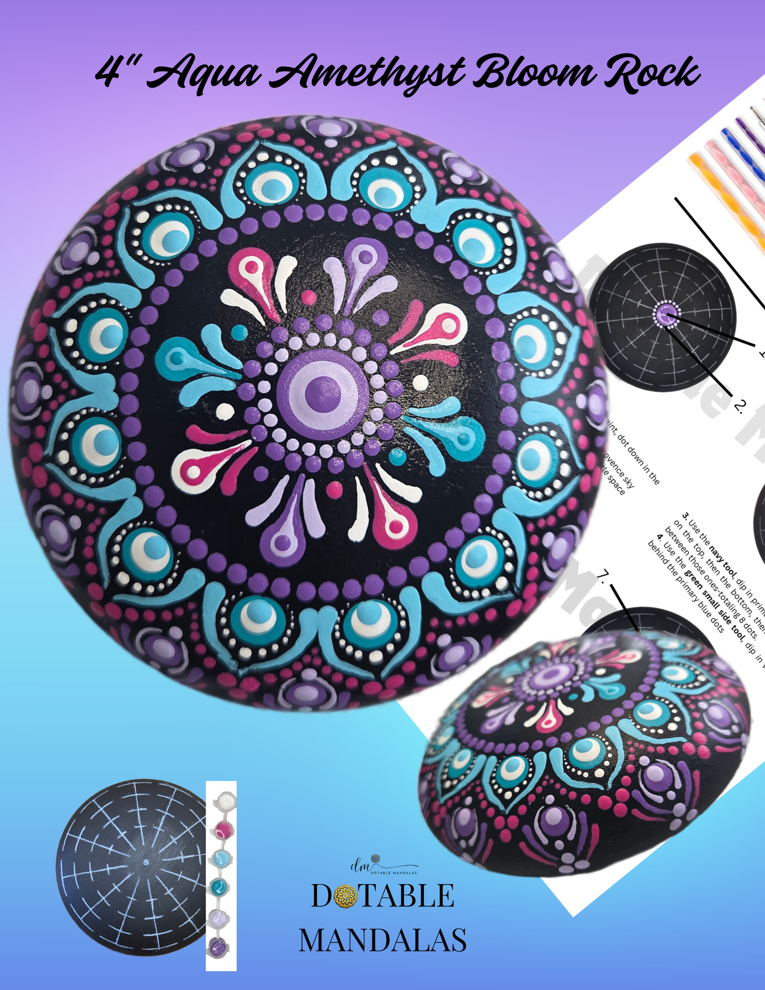 Aqua Amethyst Bloom 4" Rock Dot-Painting Pattern Kit