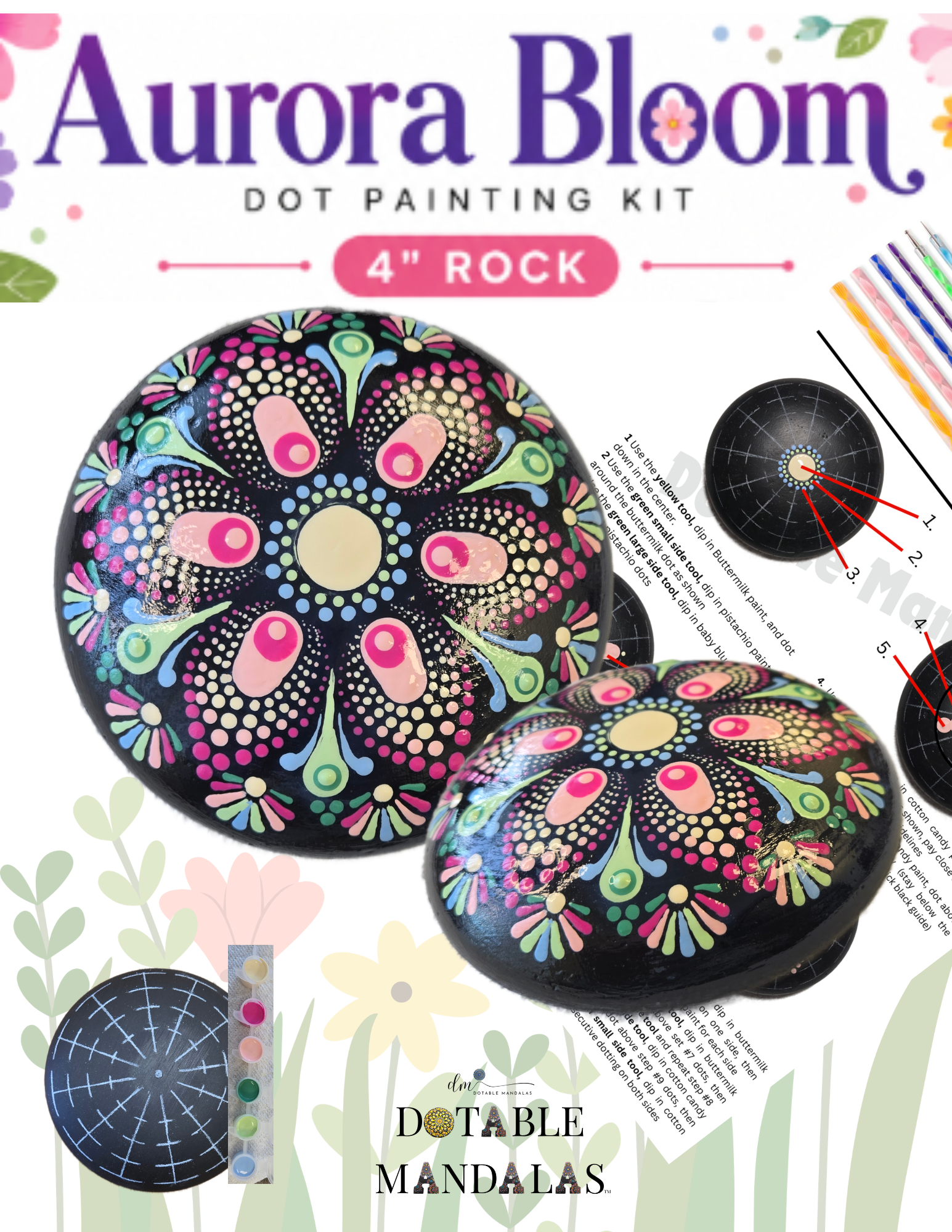 Aurora Bloom 4" Rock Dot-Painting Pattern Kit
