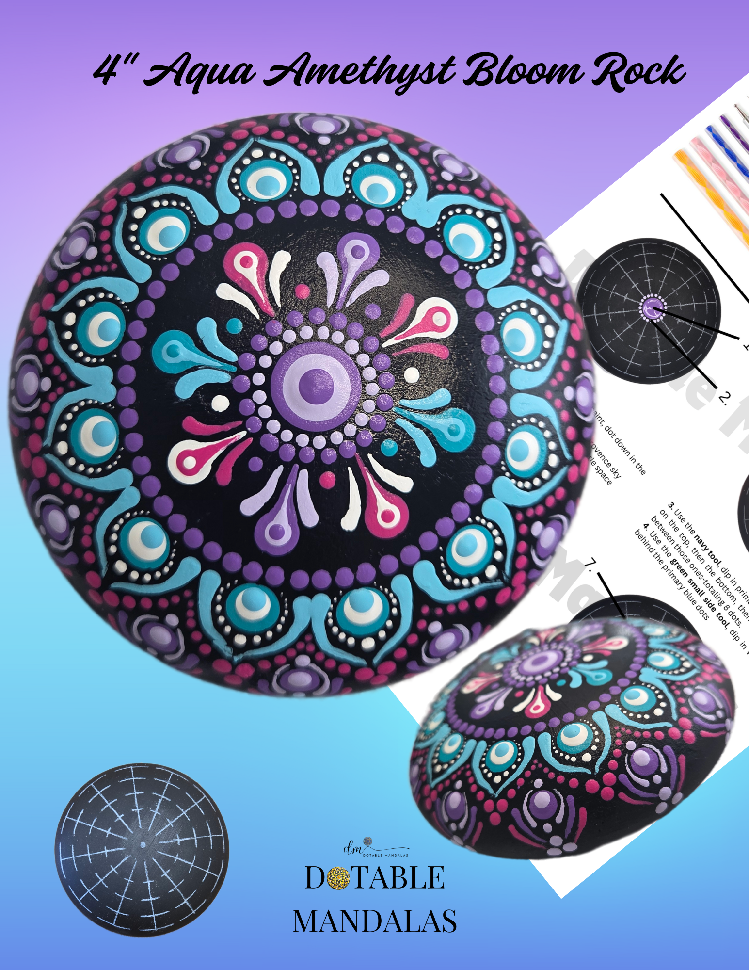 Aqua Amethyst Bloom 4" Rock Dot-Painting Pattern Kit