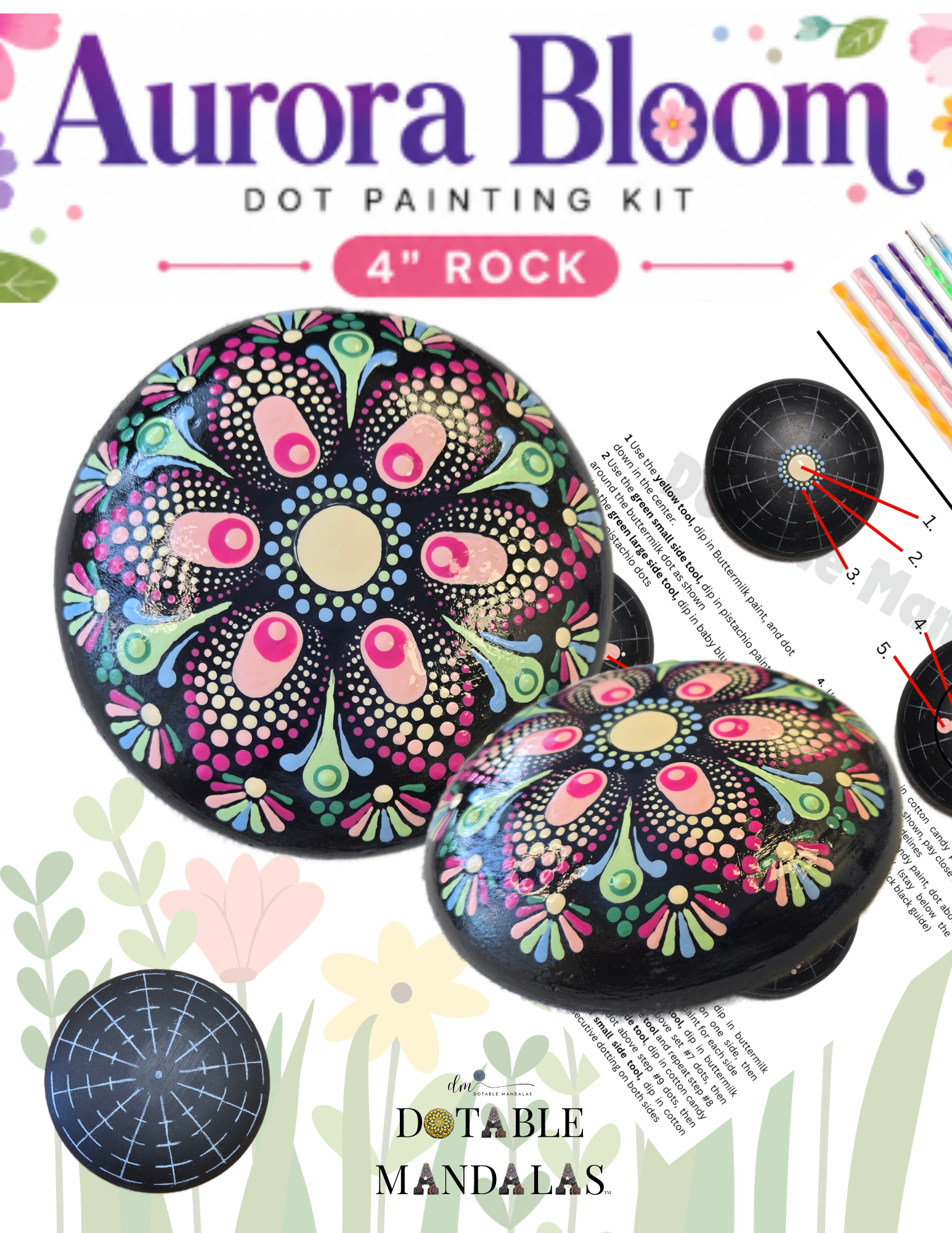 Aurora Bloom 4" Rock Dot-Painting Pattern Kit